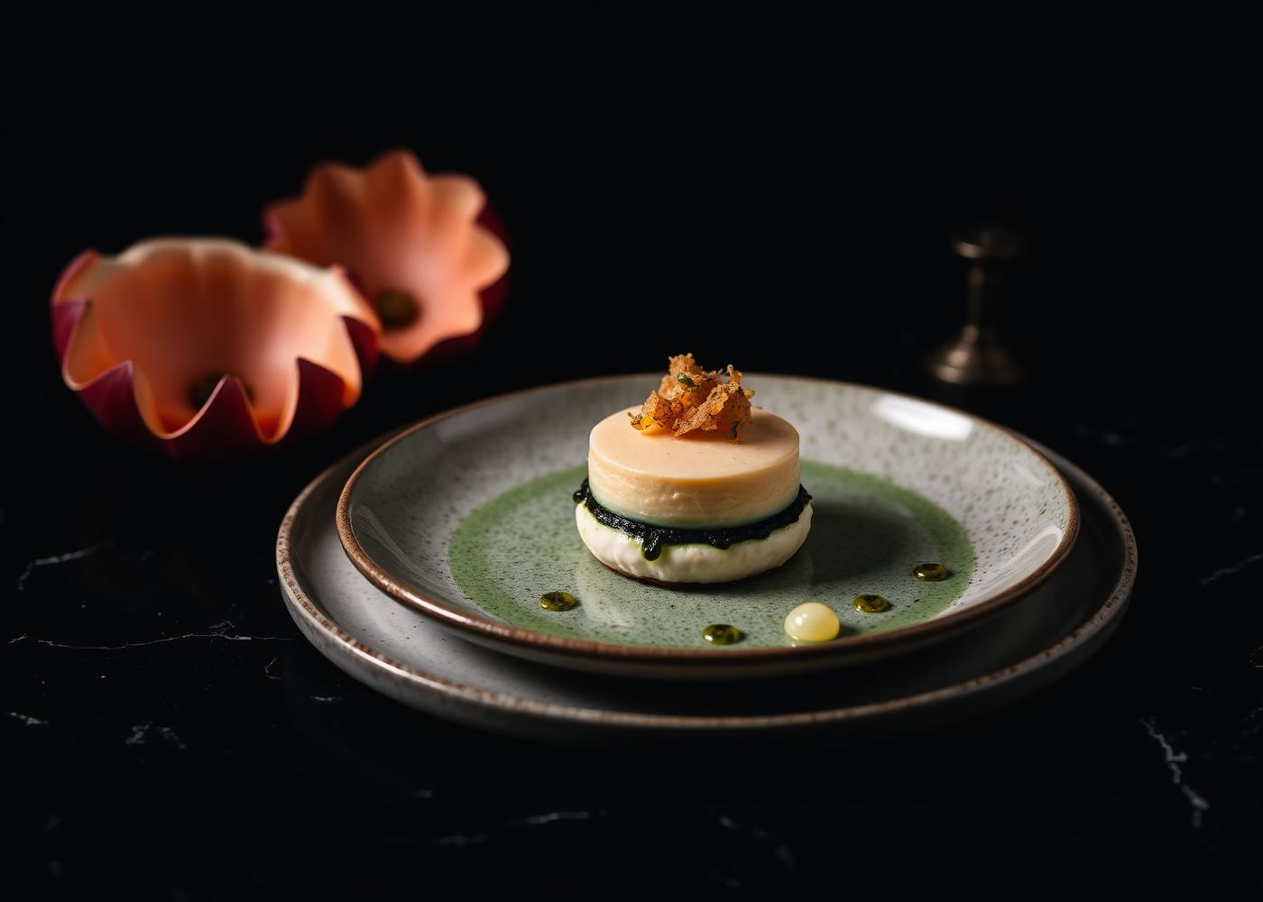 Plated dessert on a ceramic dish against a dark marble surface