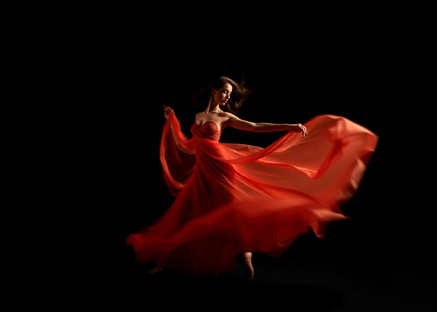 Dancer in a flowing red dress mid-motion against a black studio background