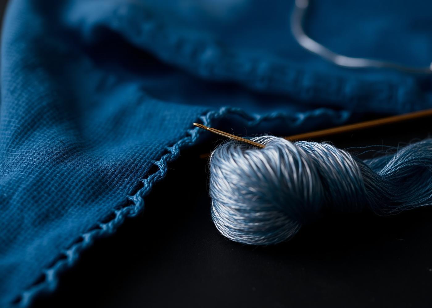 Indigo-dyed cloth with a gold needle and pale thread on a dark table