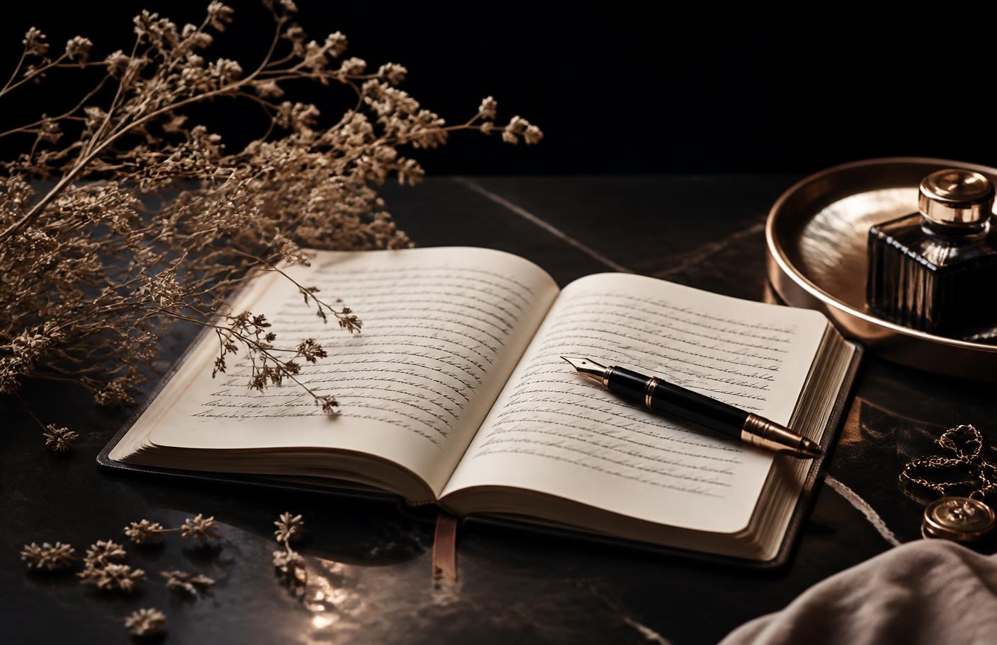 An open handwritten journal and fountain pen on black stone under rose-gold light
