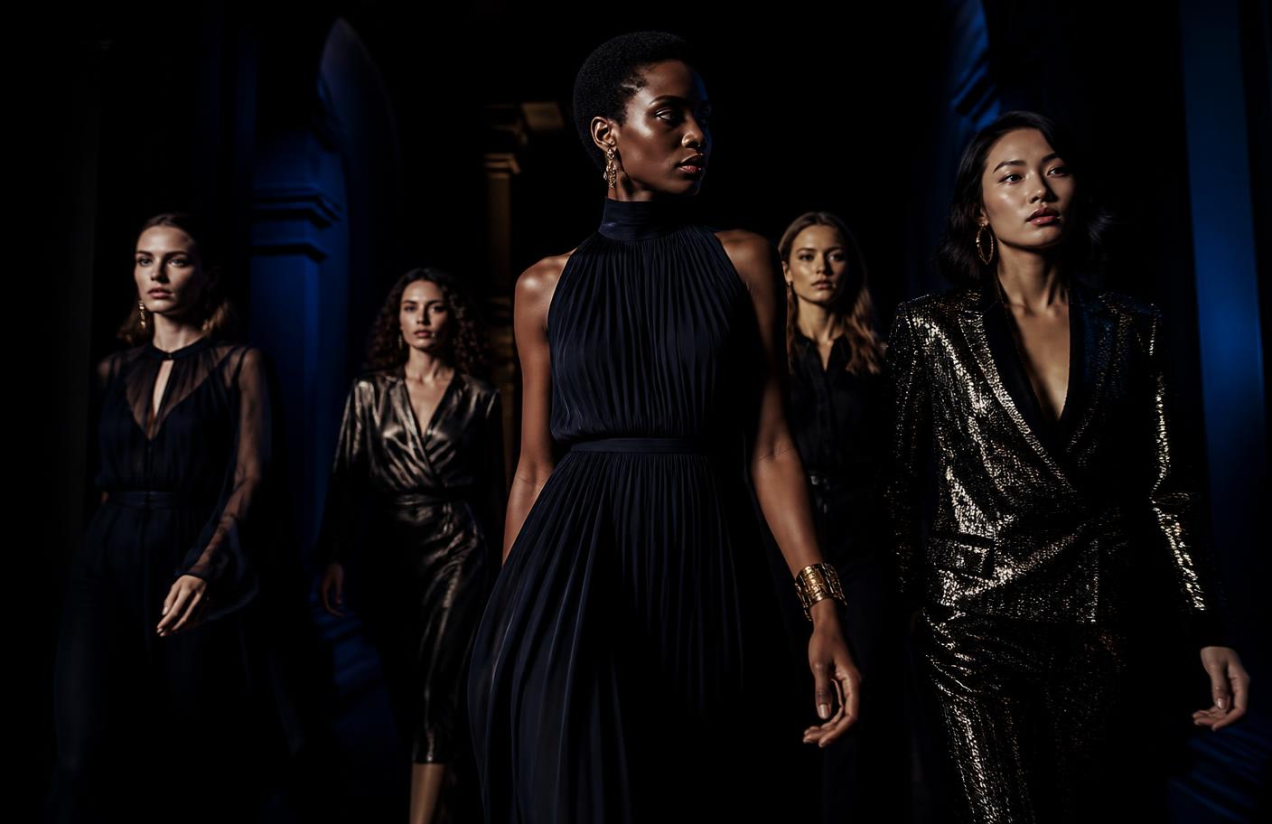 A group of women walking forward through a dark corridor under royal-blue light